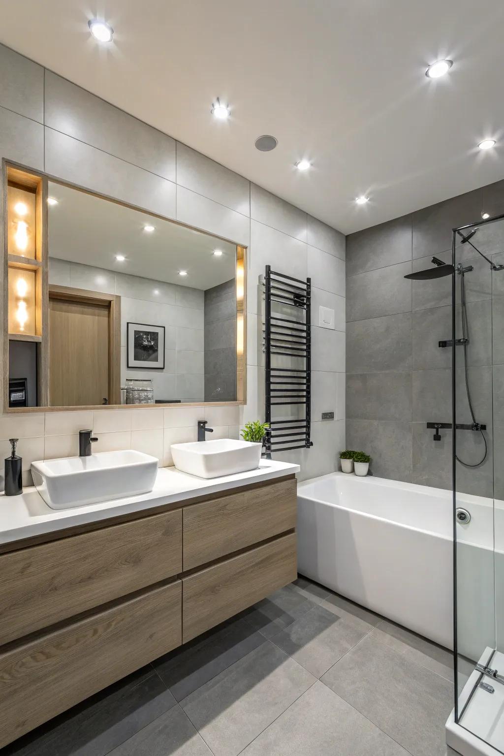 Adjustable recessed lights provide focused lighting.