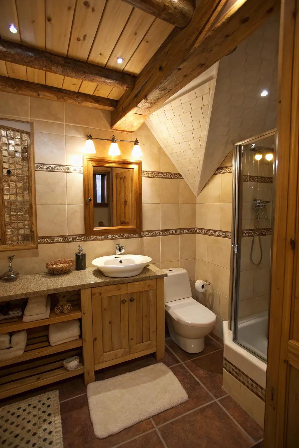 Corner recessed lights add warmth to compact bathrooms.
