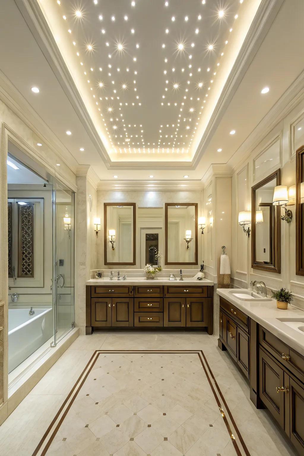 Symmetrical recessed lighting adds sophistication and balance.