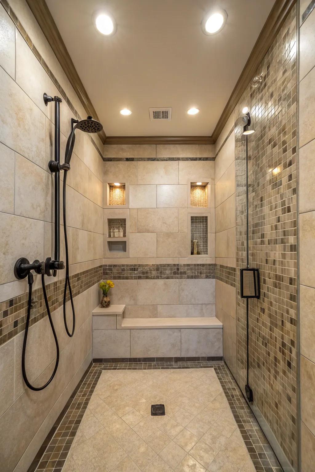 Recessed wall lights accentuate shower tile work.