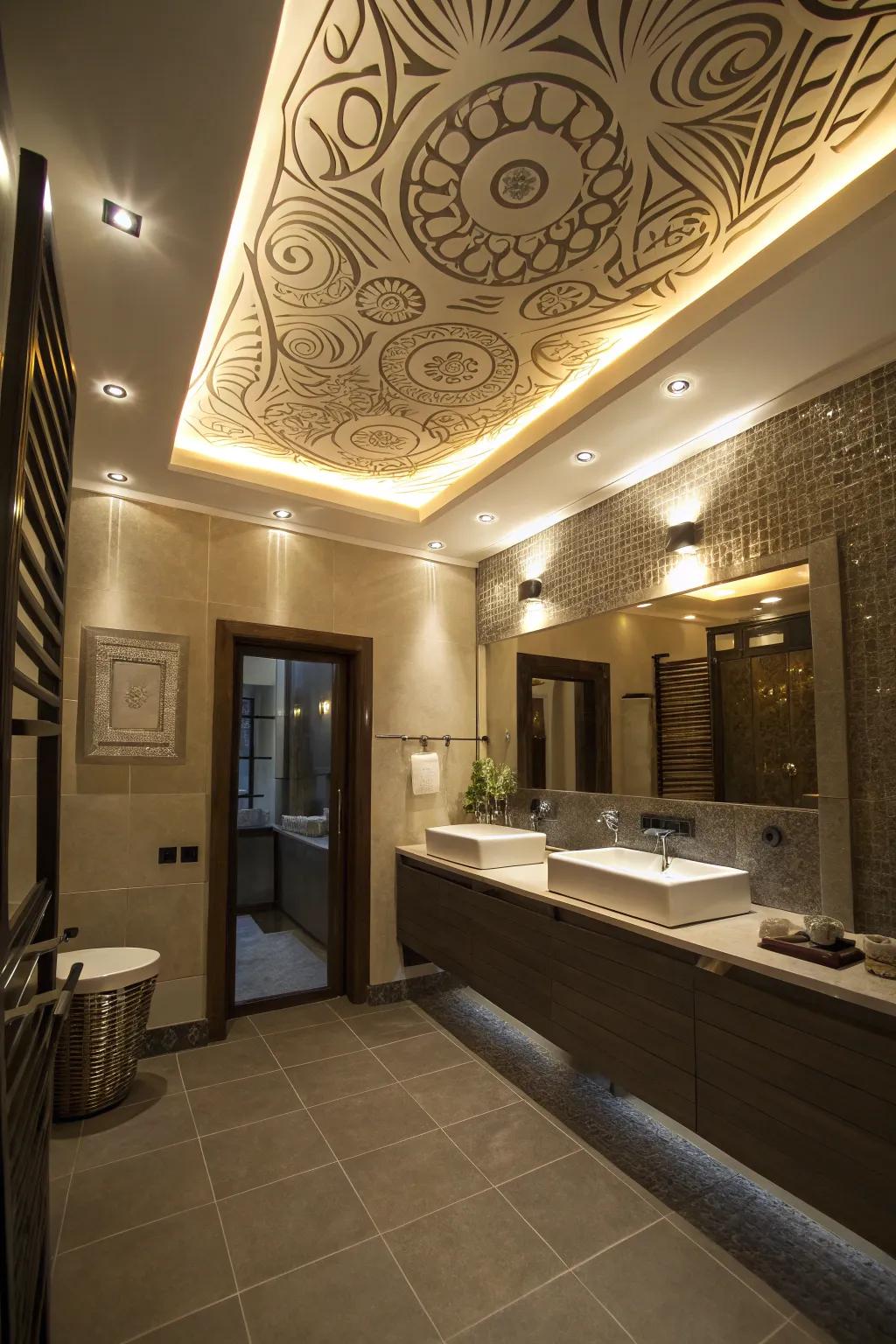 Artistic recessed lighting arrangements turn ceilings into design features.