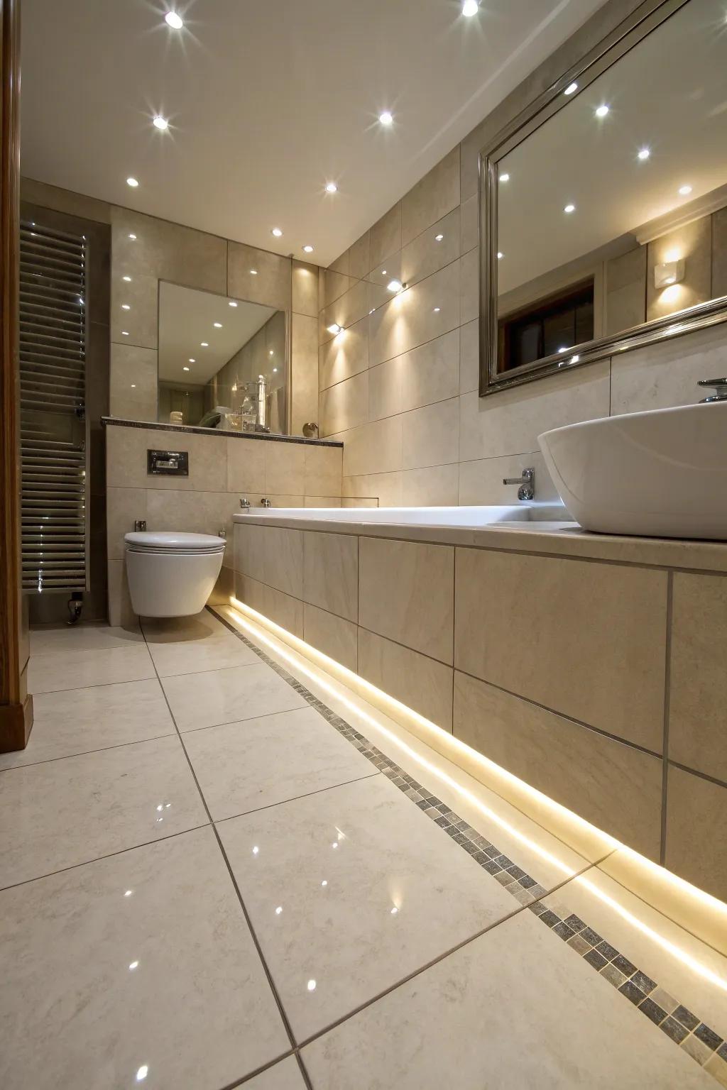 Floor-level recessed lighting highlights unique flooring.