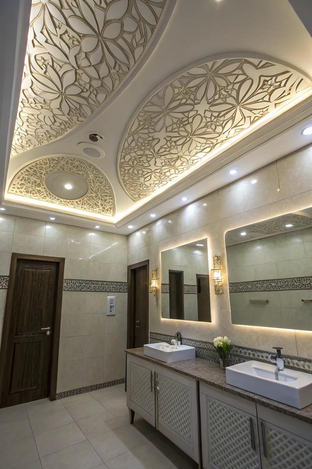 Recessed lighting patterns create ceiling focal points.