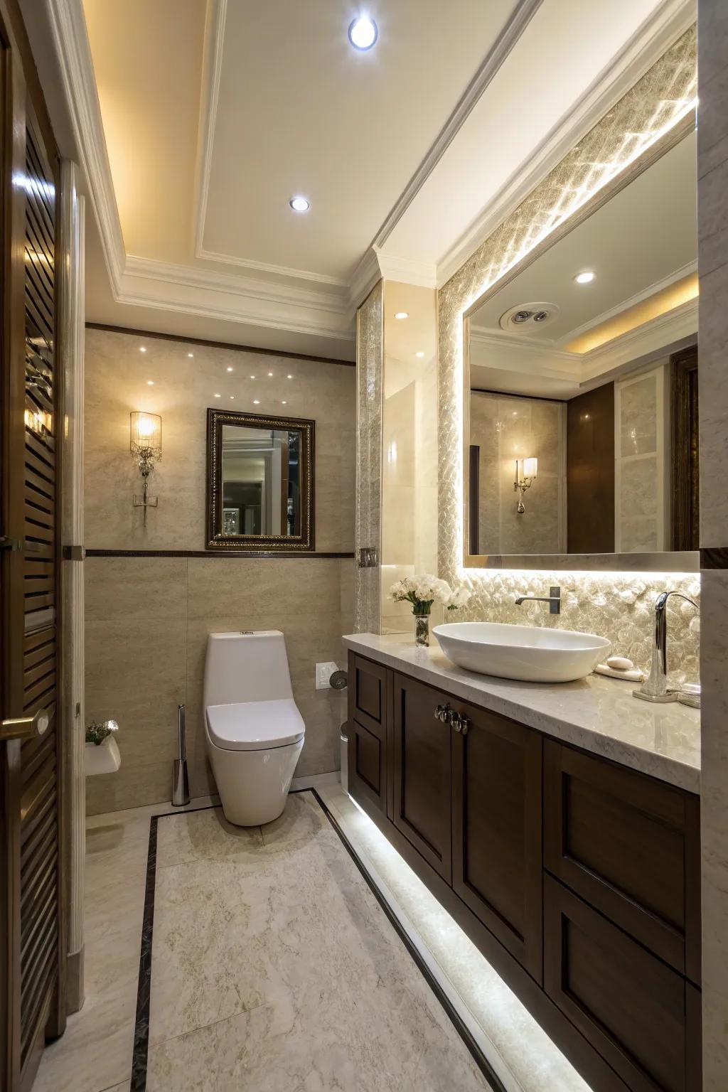 Recessed lighting adds sophistication to the toilet space.