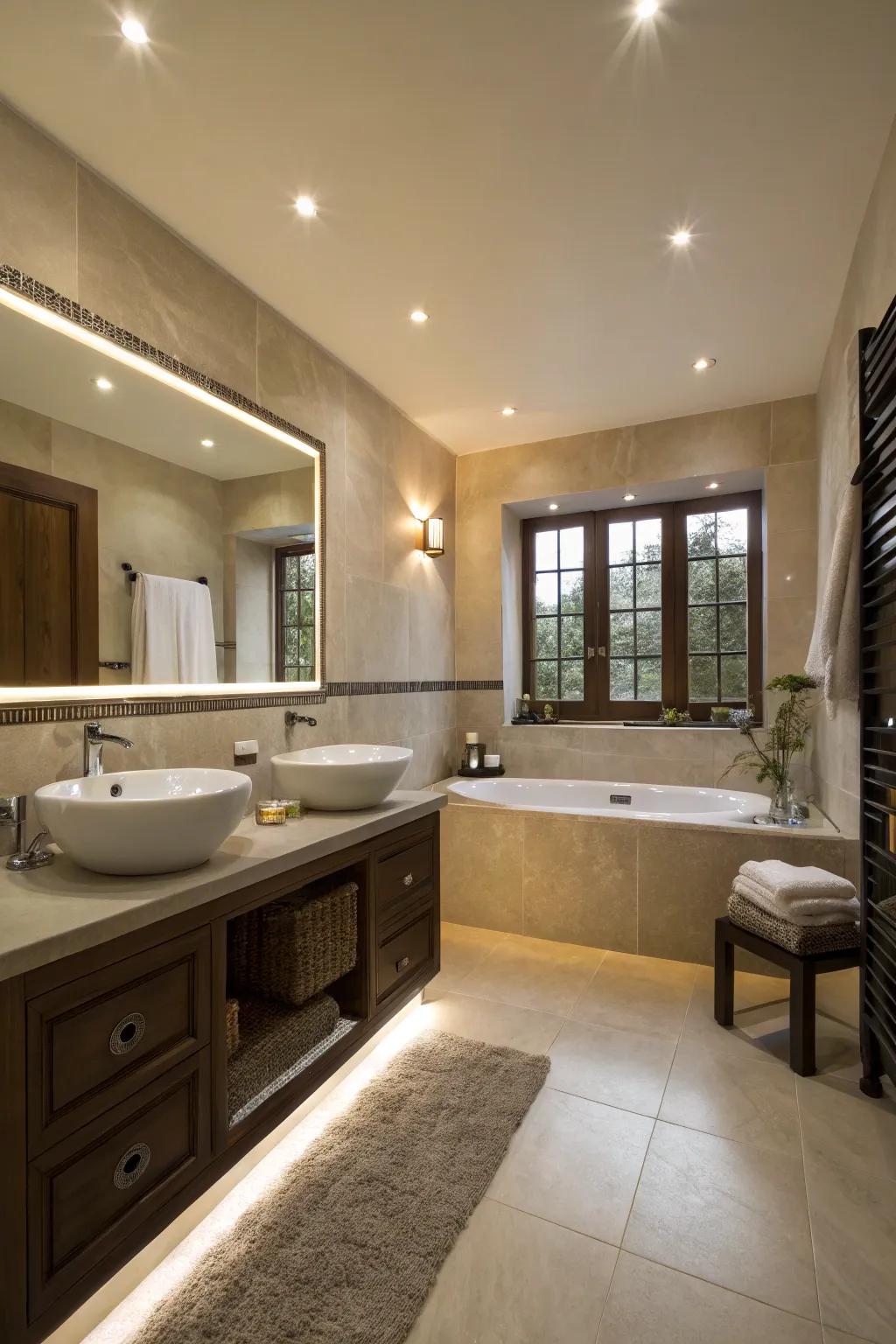 Perimeter recessed lighting creates a tranquil, spa-inspired atmosphere.