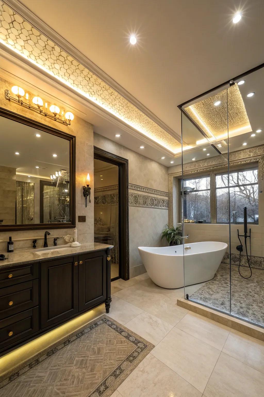 Recessed lighting spotlights distinctive architectural features.