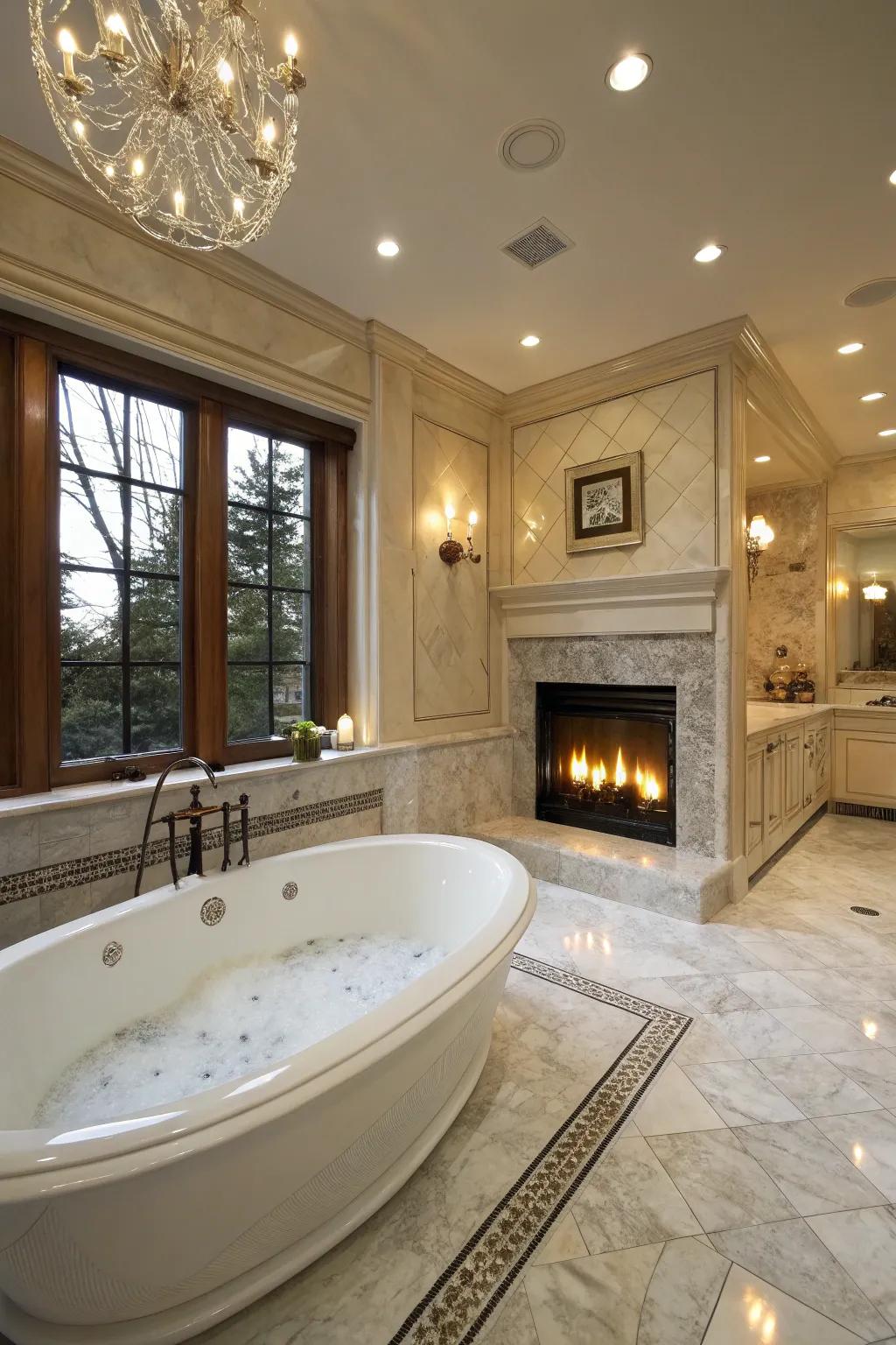 Recessed lighting highlights luxurious bathroom features.