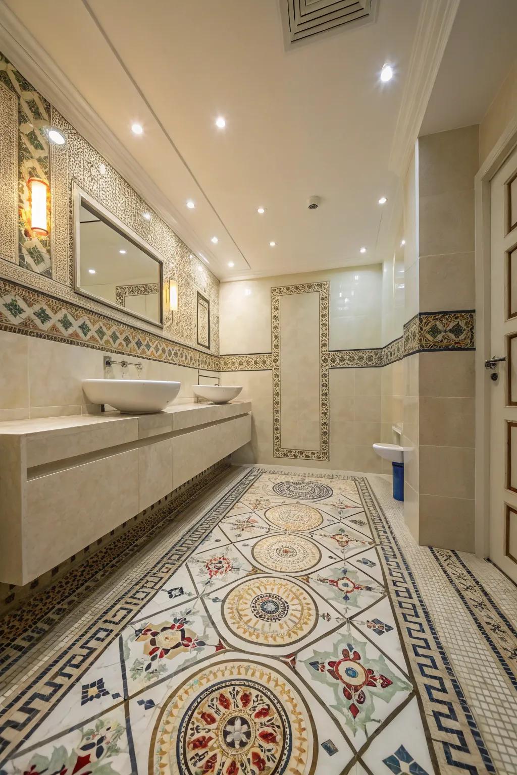 Recessed lighting accentuates detailed floor patterns.