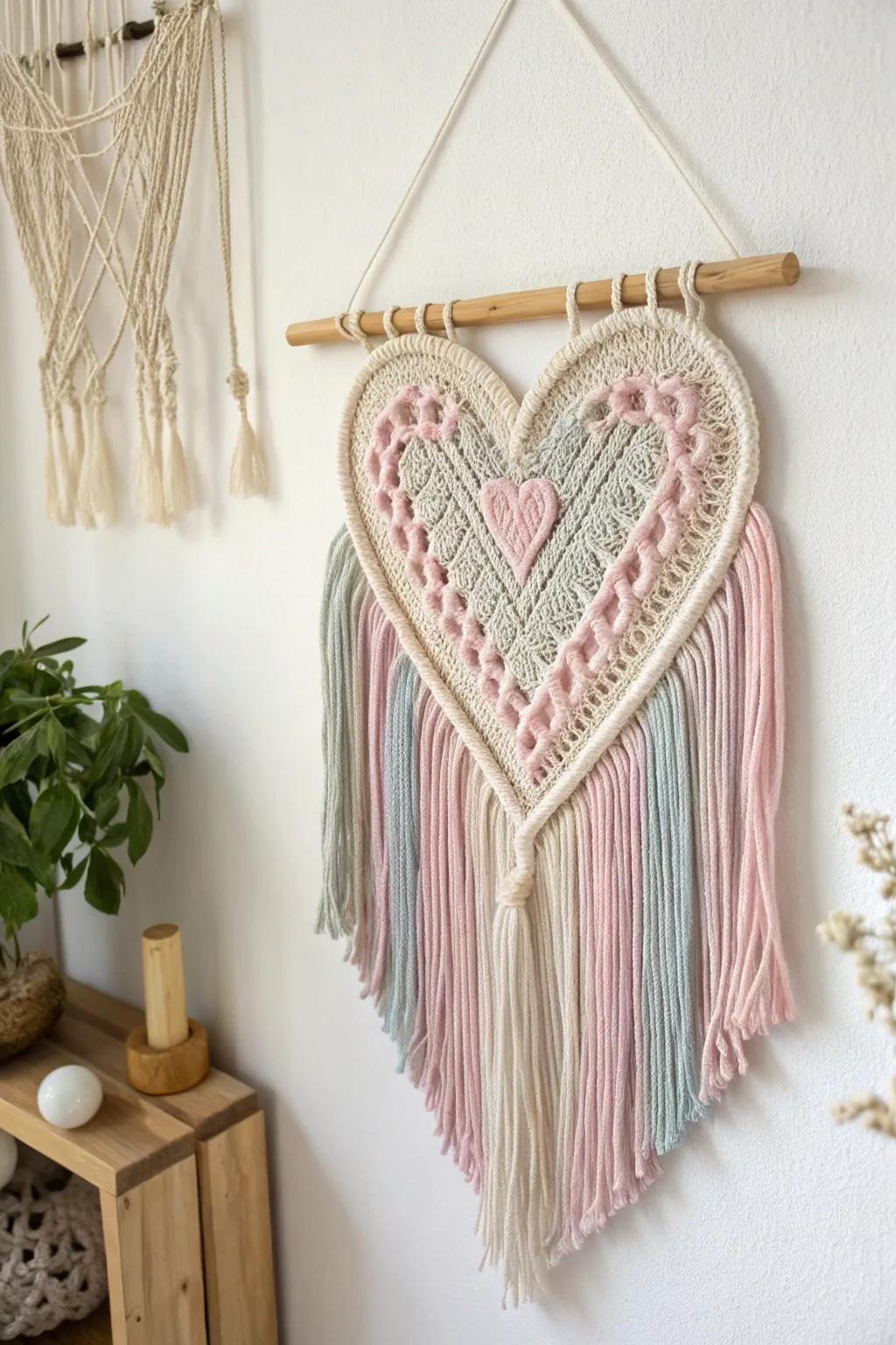 Craft your love story with a heart-shaped yarn wall hanging, perfect for a minimalist Valentine's Day touch.