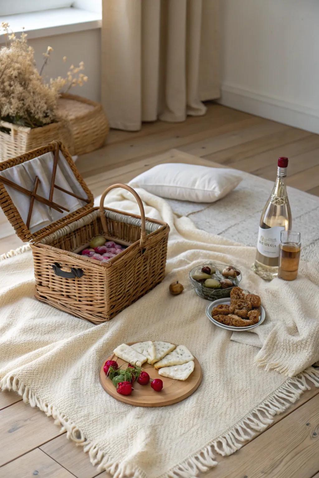 Create a cozy Valentine's Day surprise with an intimate indoor picnic set, blending Scandinavian simplicity with bohemian charm.