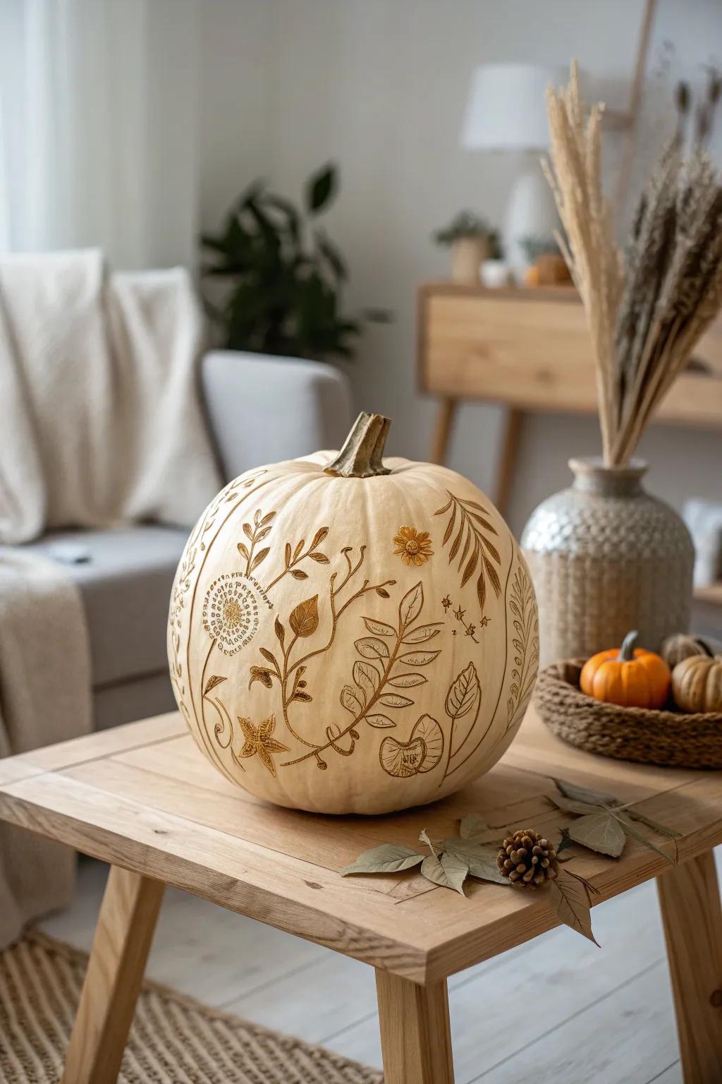 Celebrate fall's splendor with a pumpkin adorned in natural elements.