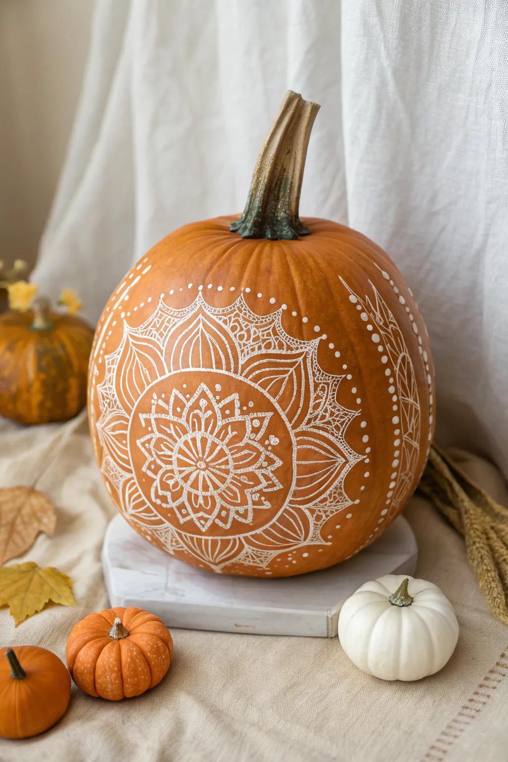 Achieve peace and beauty with mandala pumpkin designs.