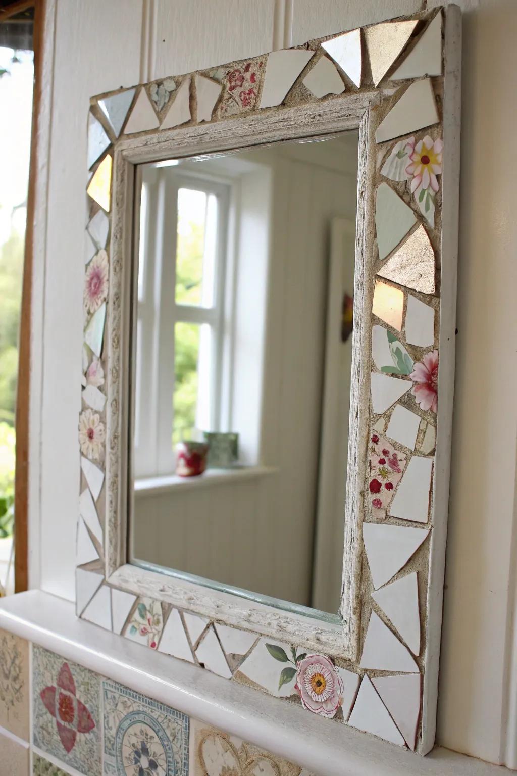 Reflect elegance with a touch of boho charm-broken china mosaic mirrors for a unique statement piece.