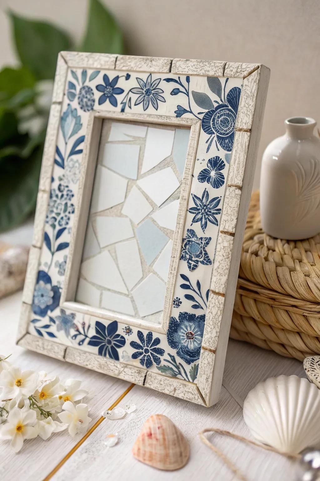 Capture memories with a touch of elegance: a handcrafted broken china mosaic frame.