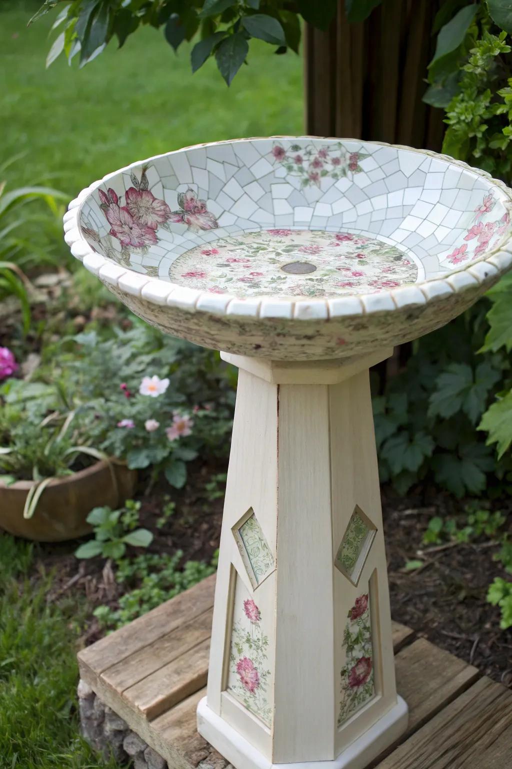 Transform your garden into a haven for birds with this charming mosaic birdbath, where broken china finds new life in artful simplicity.