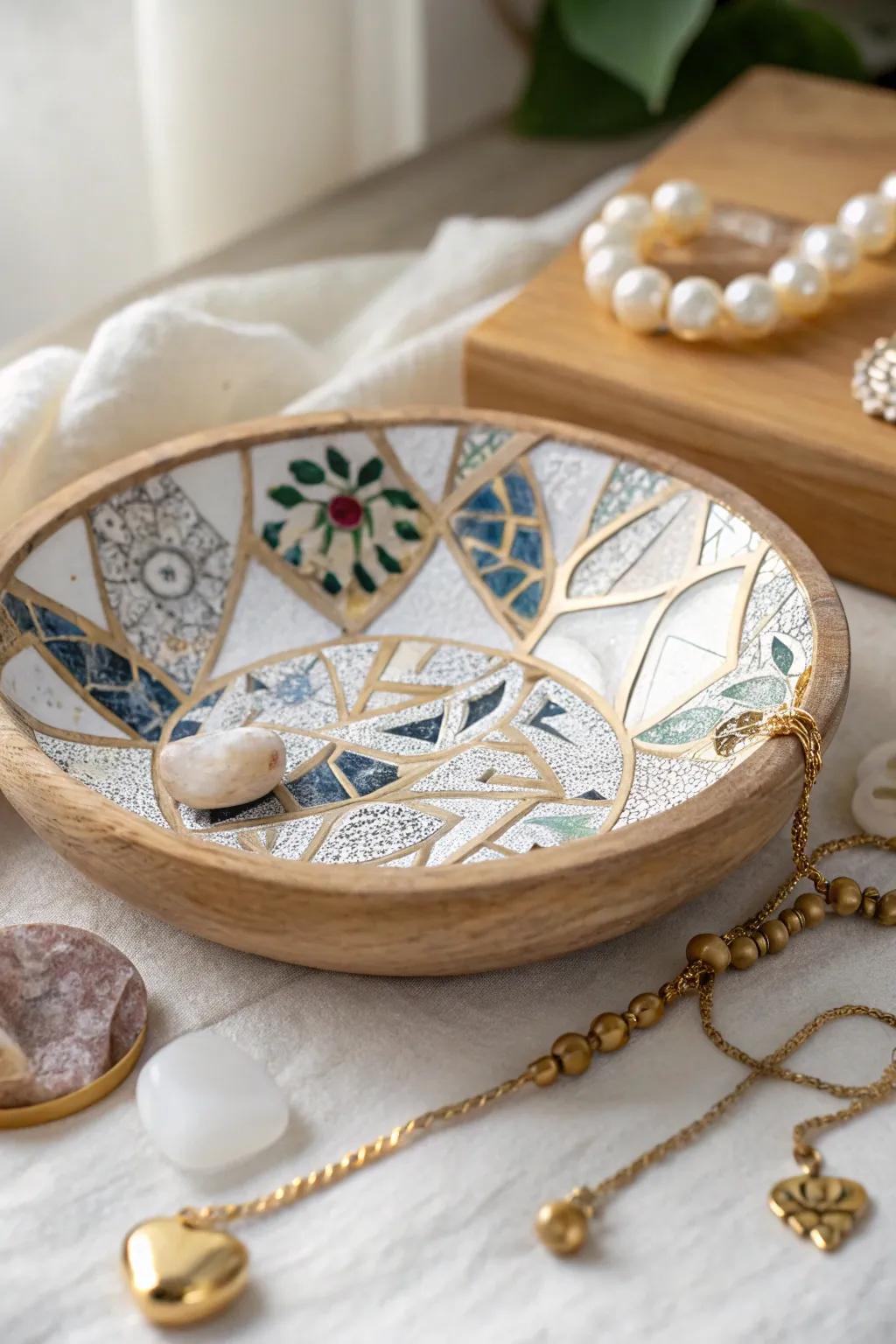 Transform old china into a stunning mosaic jewelry holder, where elegance meets simplicity.
