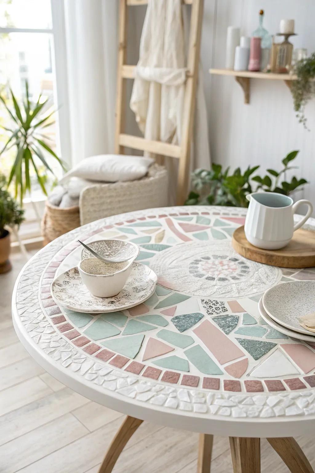 Transform your space with the timeless charm of a broken china mosaic tabletop.