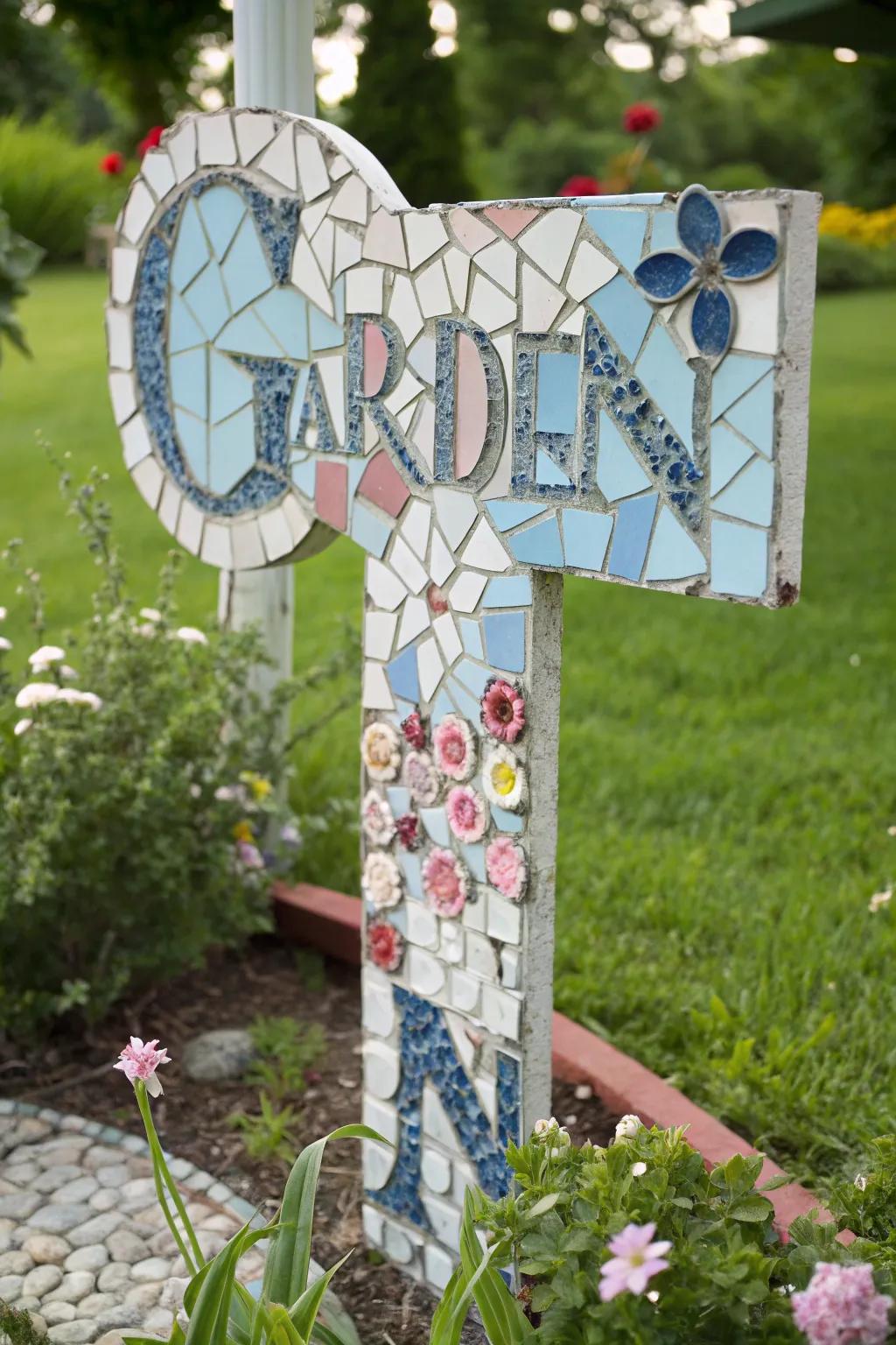Elevate your garden with a touch of boho-chic charm using a mosaic garden sign.