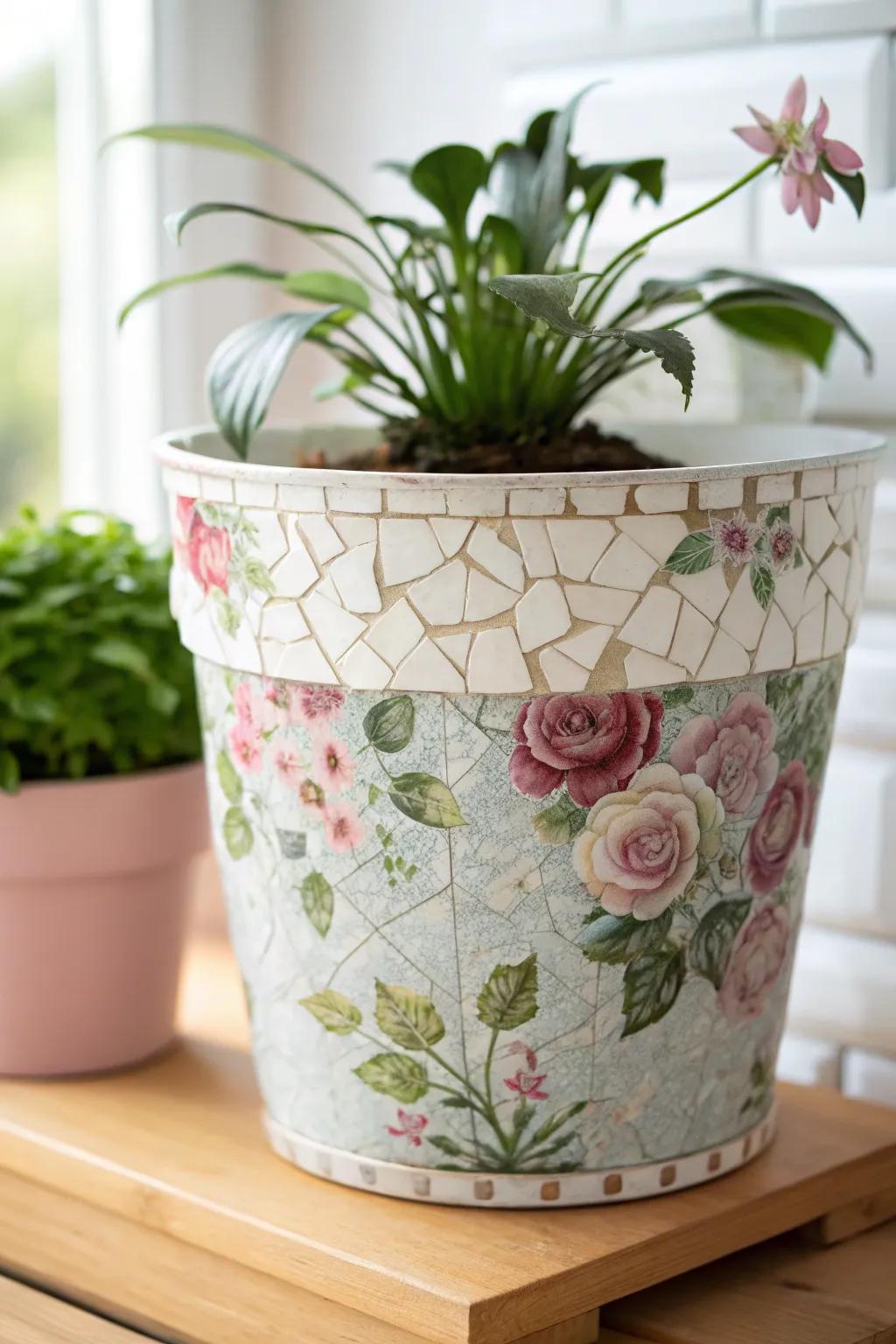 From plain to poetic: a fairy-tale mosaic flower pot for your garden.