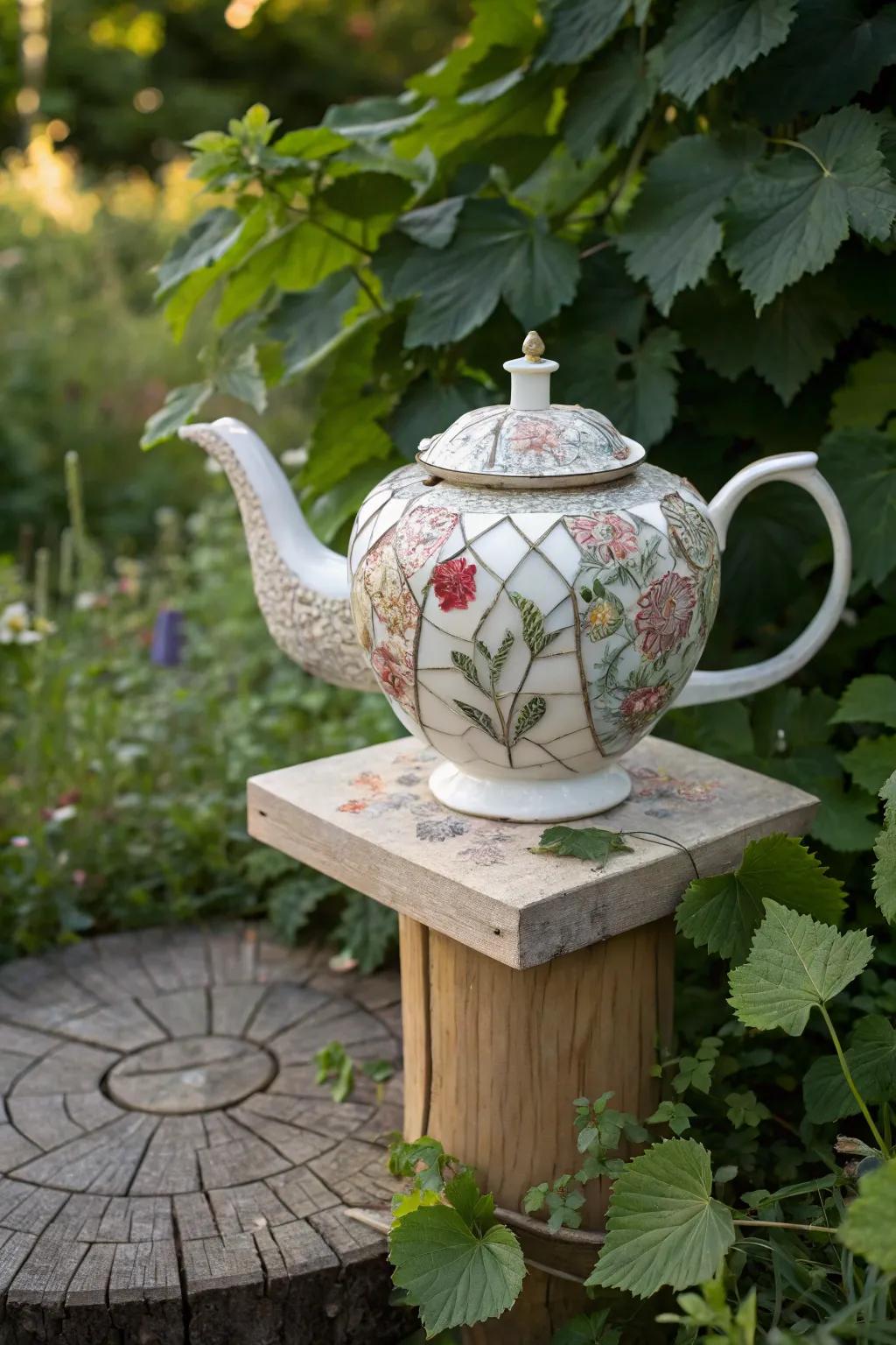 Transform your garden into a whimsical retreat with a mosaic teapot sculpture that captures the beauty of upcycled art.