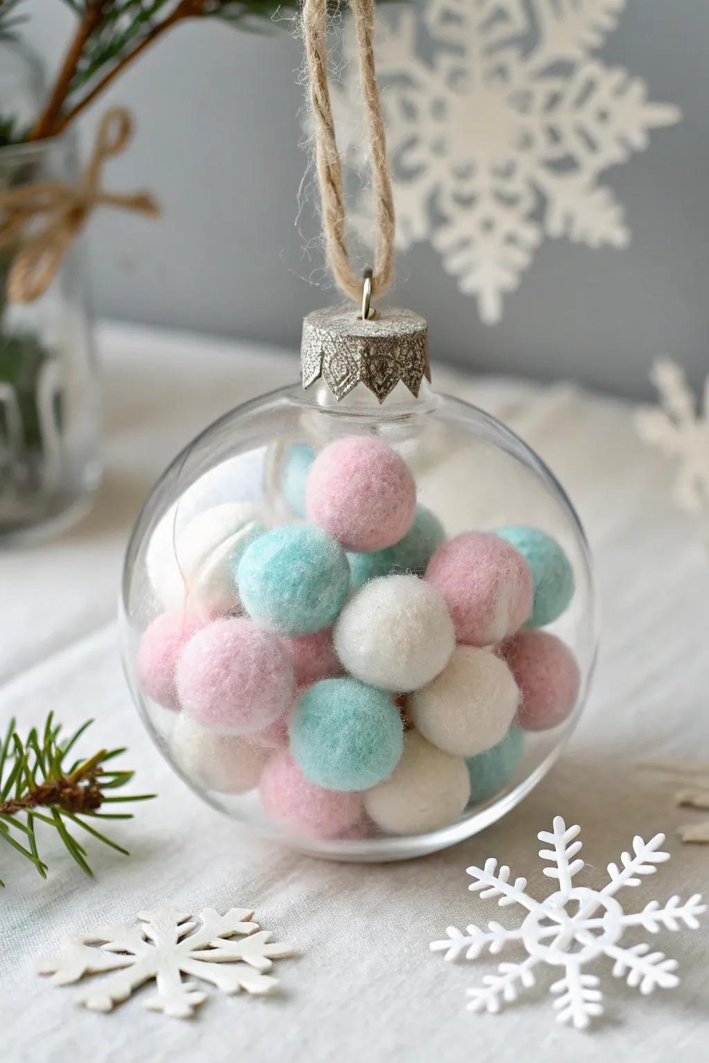 Create a cozy snowball fight scene inside your ornaments with felt balls.
