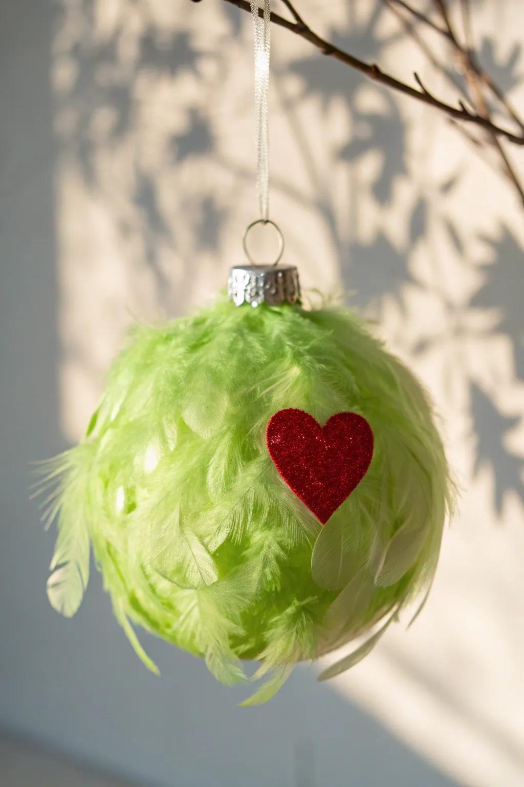 Add a fun Grinch-inspired twist to your tree with bright green feather ornaments.
