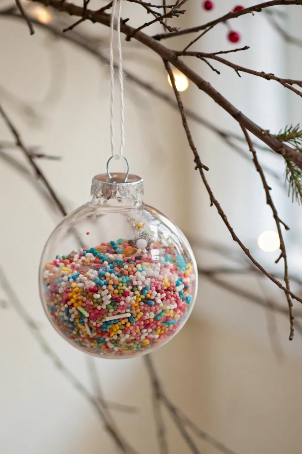 Bring a burst of color and joy to your tree with sprinkle-filled ornaments.