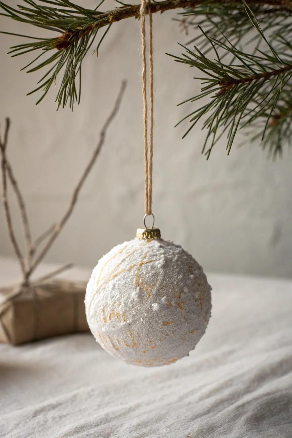 Create rustic, textured ornaments using baking soda and paint for a minimalist look.