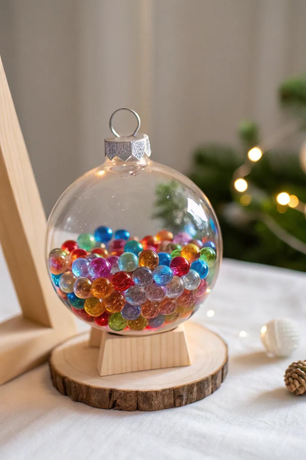 Add a splash of color and light with sparkling water bead-filled ornaments.