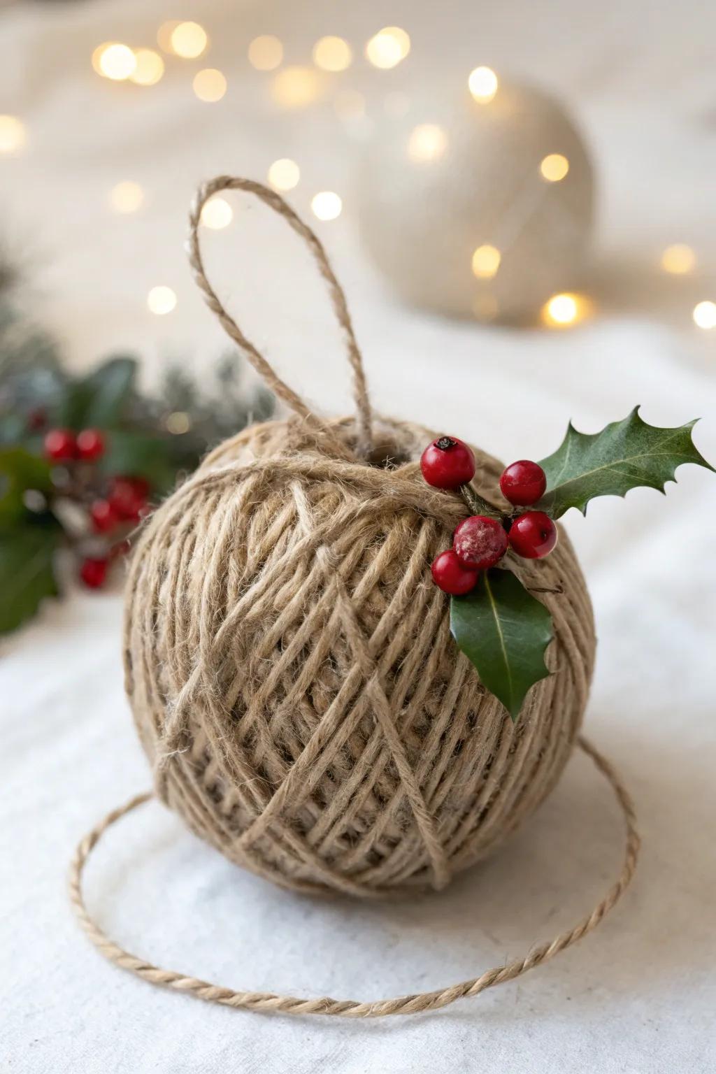 Celebrate simplicity with twine-wrapped ornaments accented by holly sprigs.