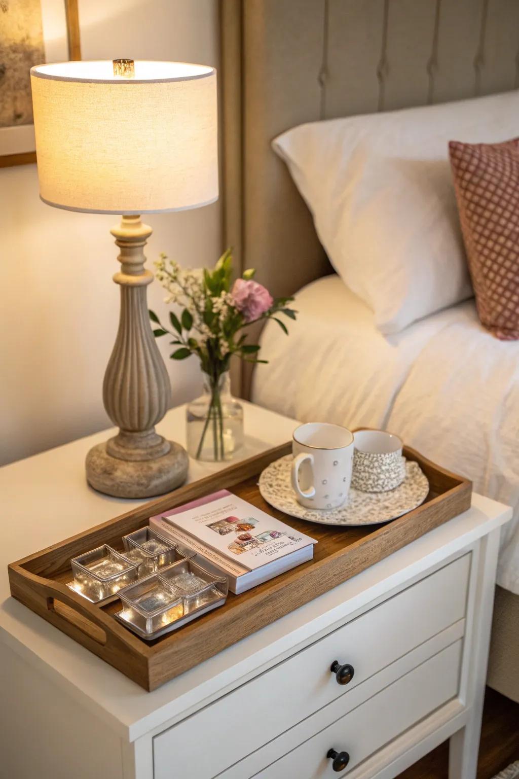 A tray organizes essentials and elevates nightstand decor.