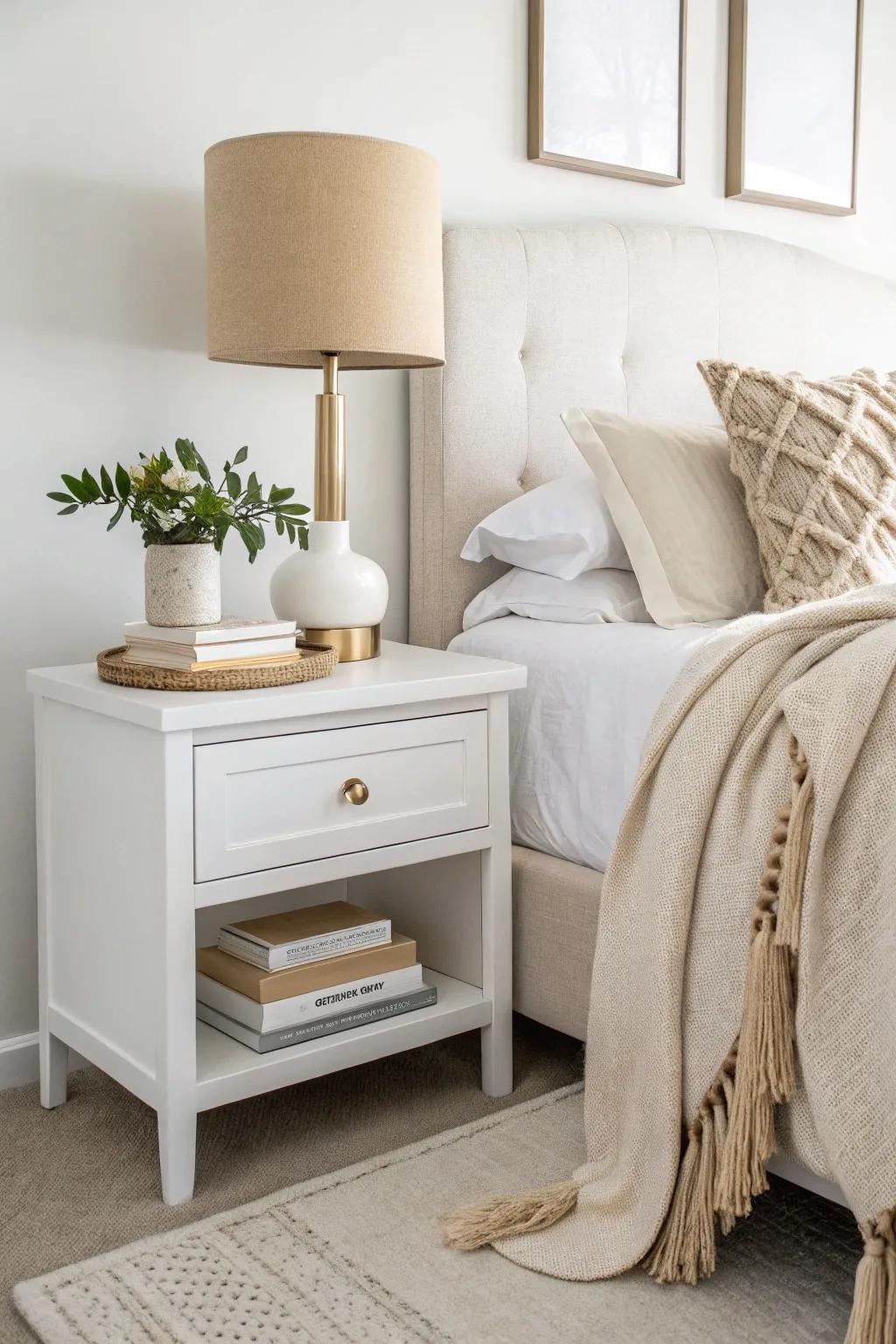Neutral tones create a peaceful and unified nightstand look.