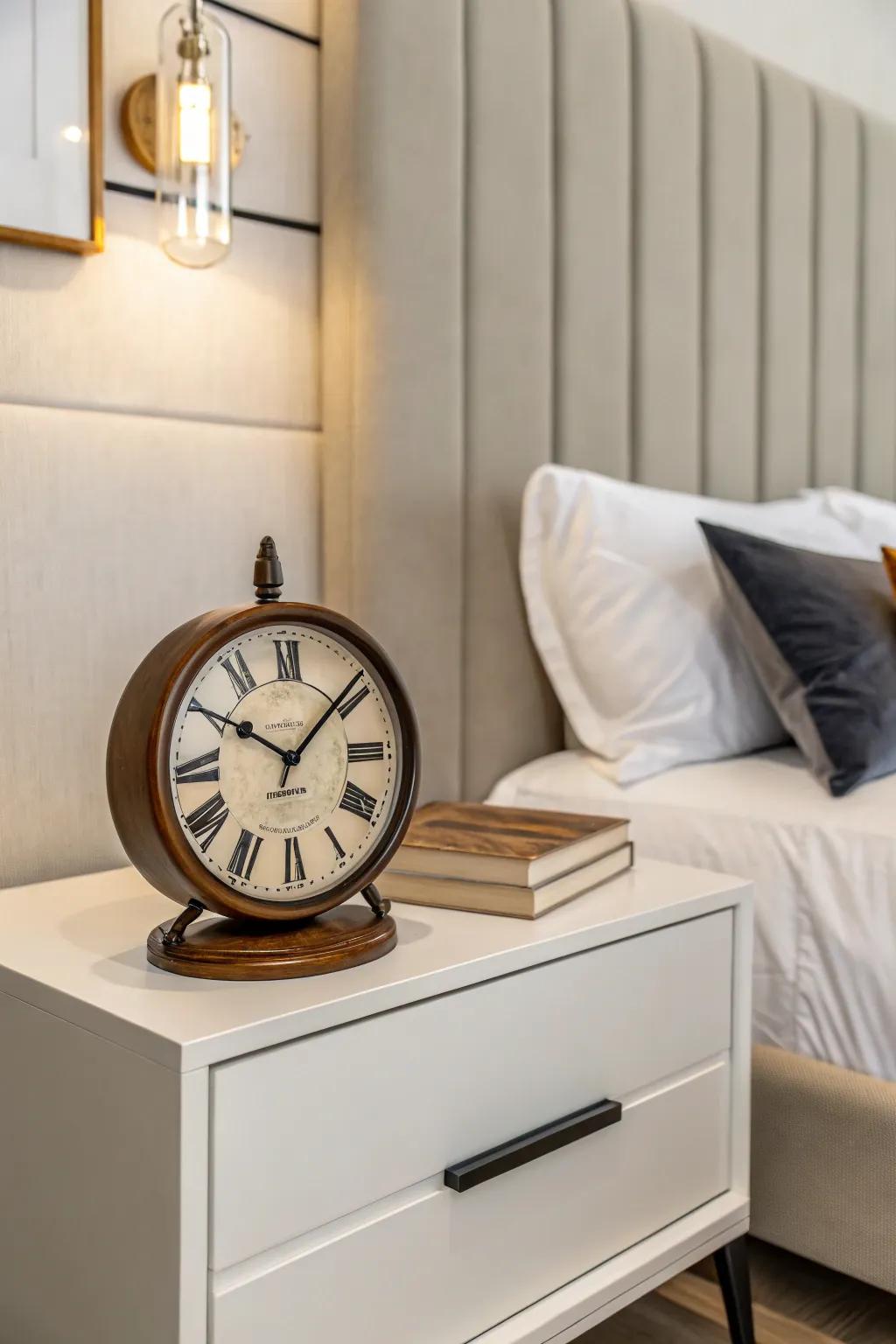 A timeless clock blends utility with style on your nightstand.
