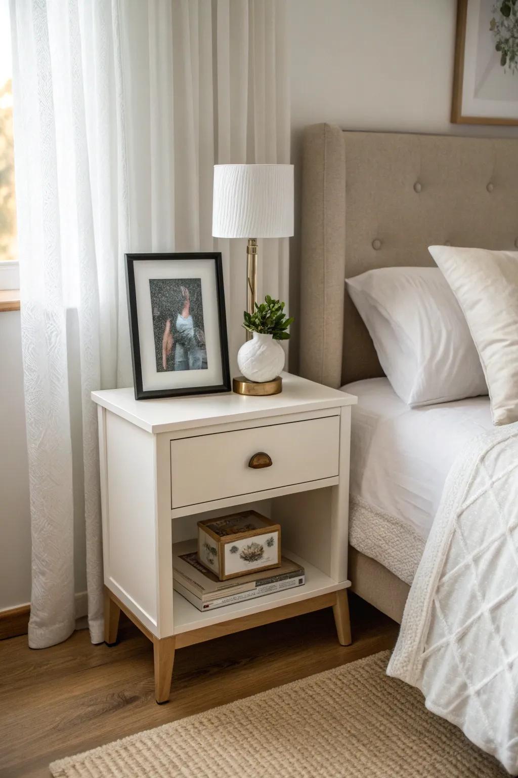 A framed photo adds a heartfelt touch to your nightstand.