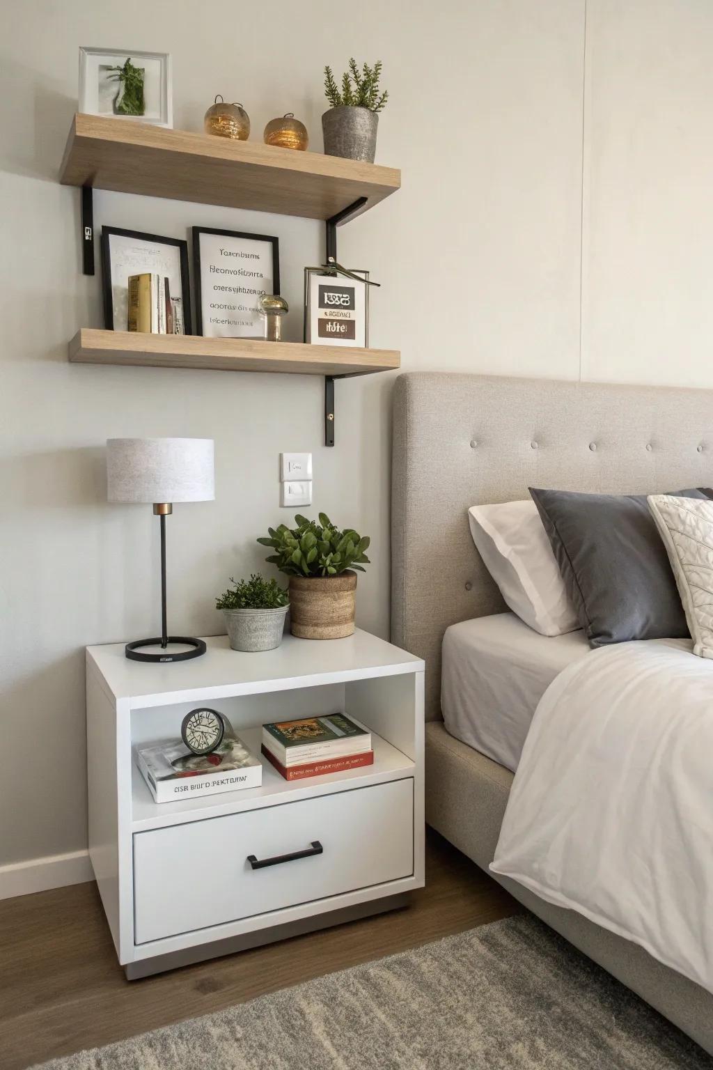 Floating shelves provide extra storage and style above your nightstand.