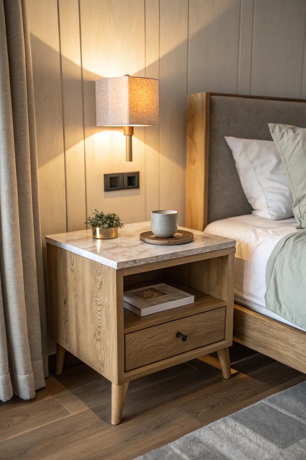 Natural textures add warmth and depth to your nightstand.