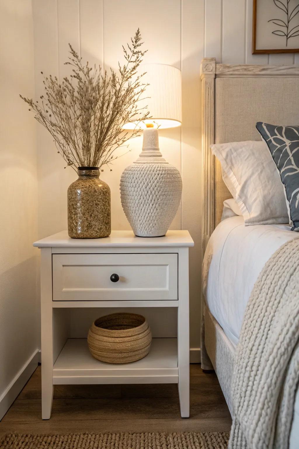 A textured vase adds depth and interest to your nightstand.
