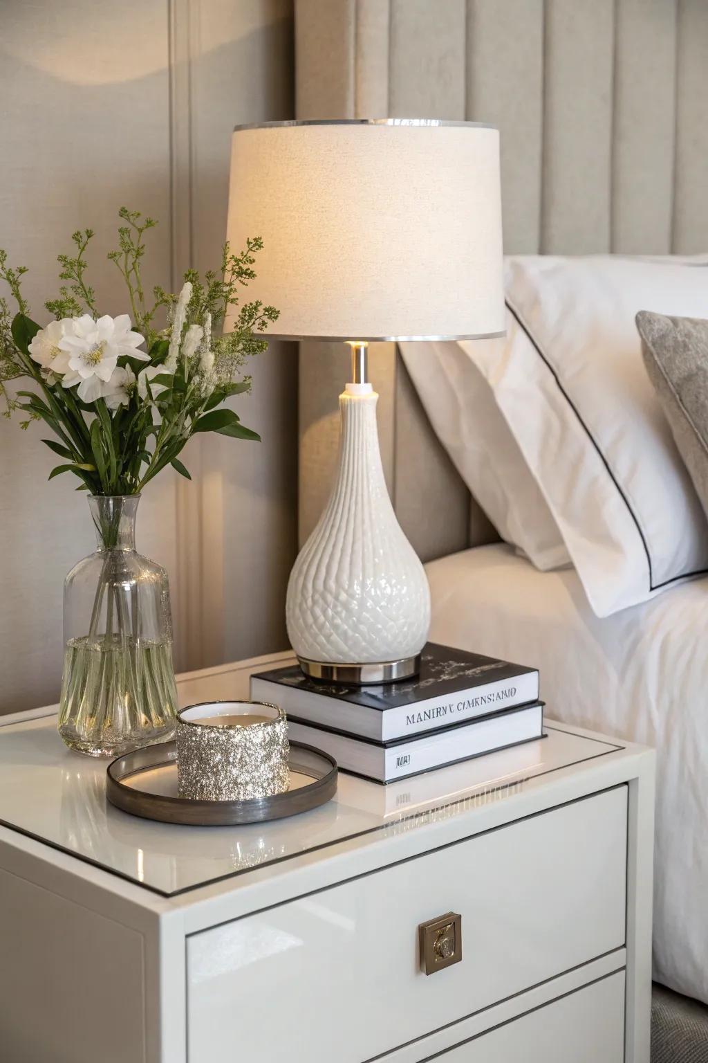 Asymmetrical decor arrangements add dynamic appeal to your nightstand.
