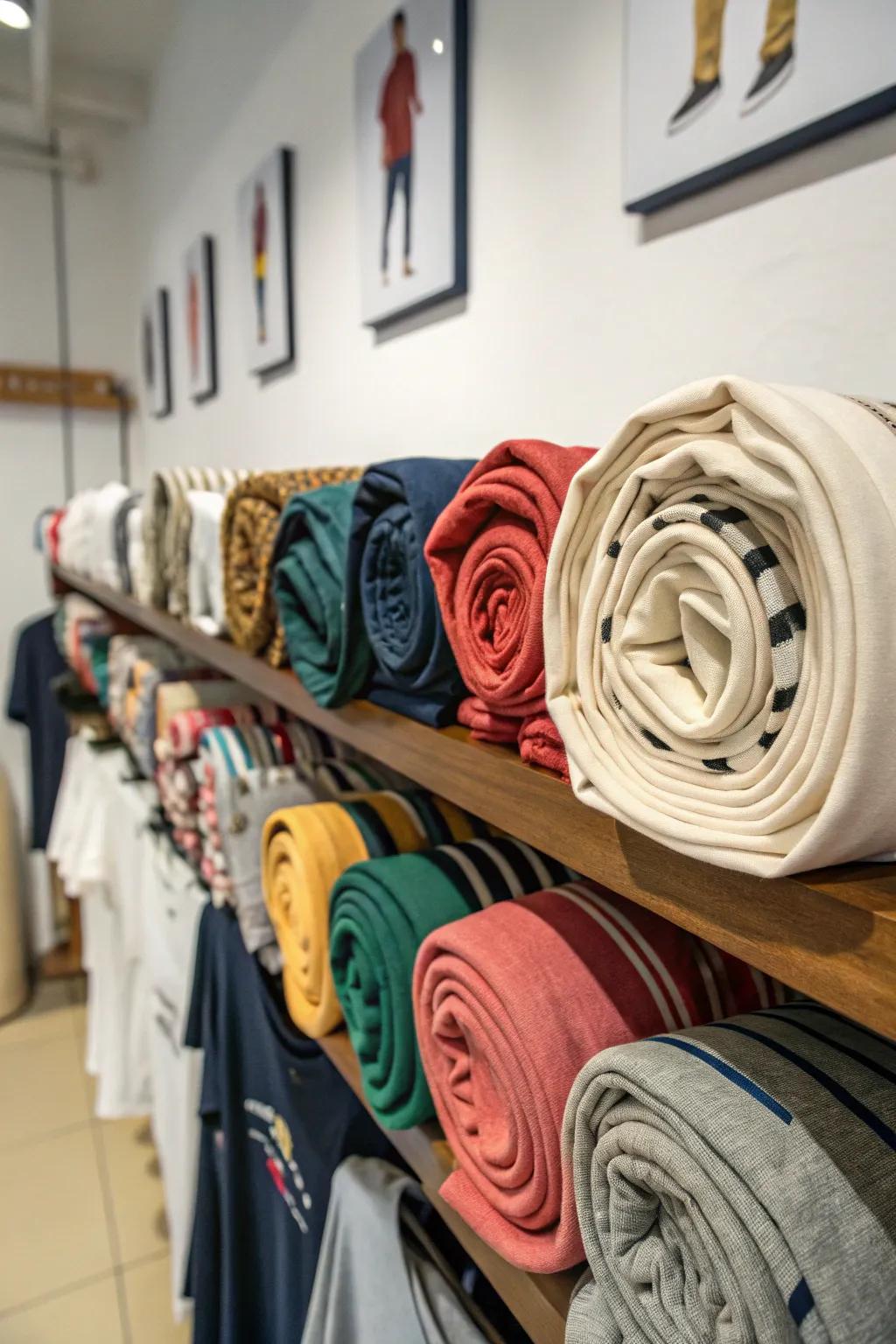 Rolled t-shirts neatly arranged on a hanging shelf.