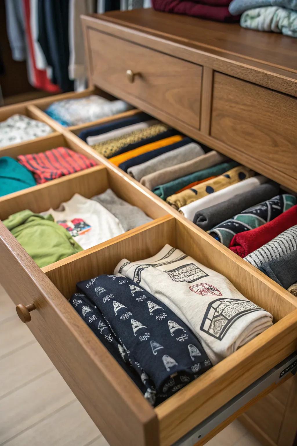 Drawer dividers organizing t-shirts by style and color.