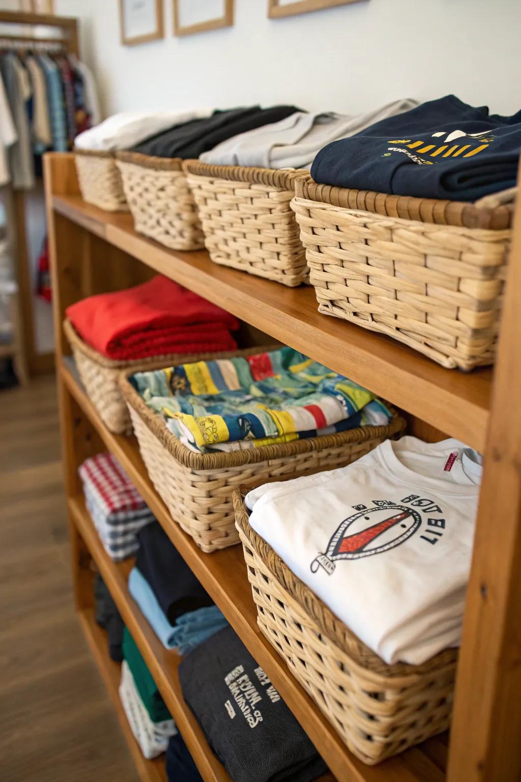 T-shirts stored in baskets on open shelves.