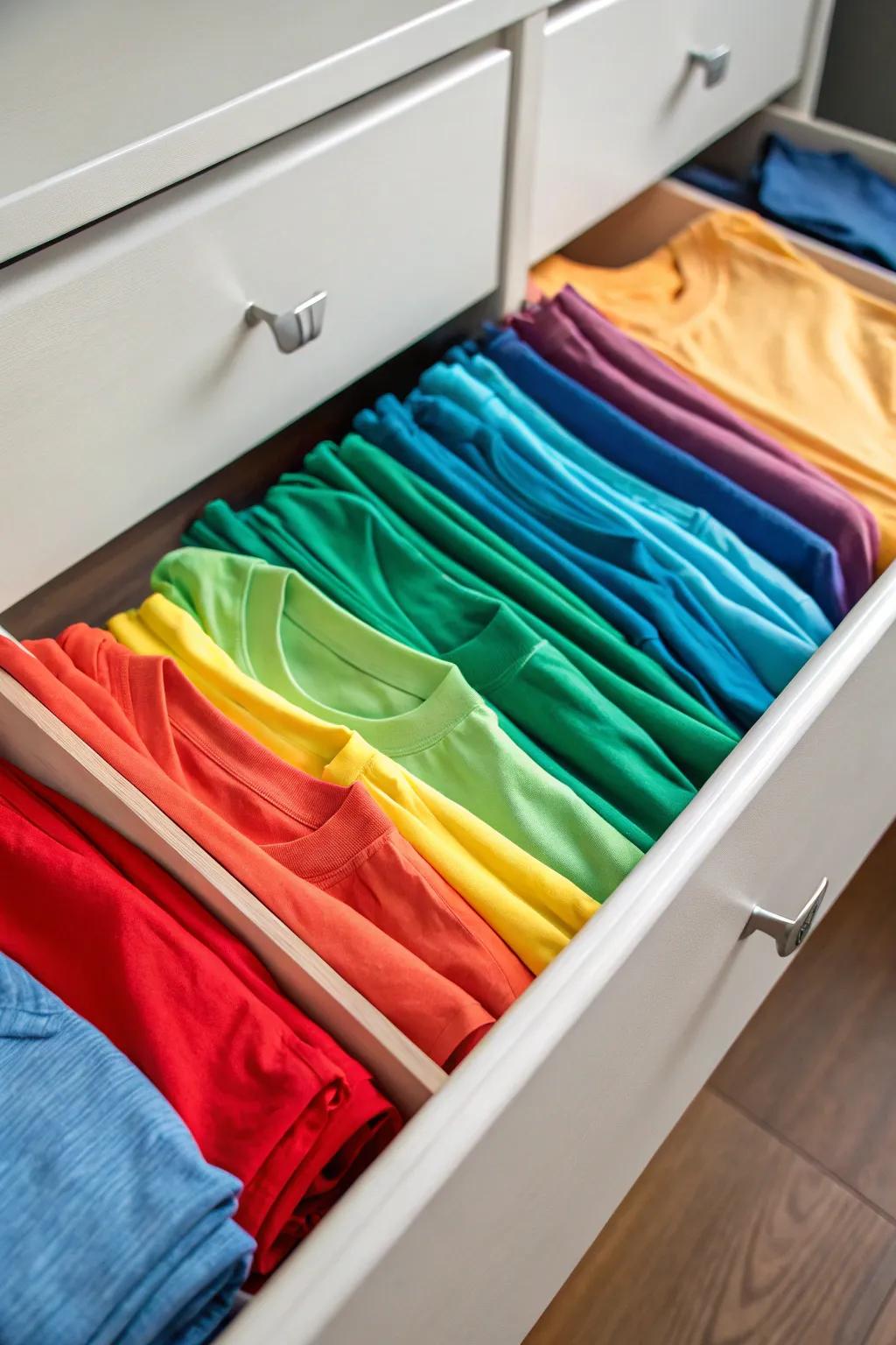 T-shirts arranged by color in a drawer for easy selection.