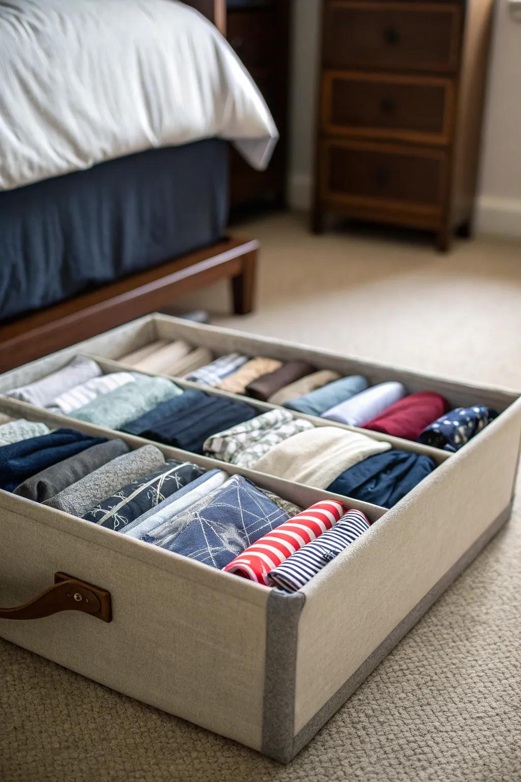 T-shirts stored in an under-bed storage container.