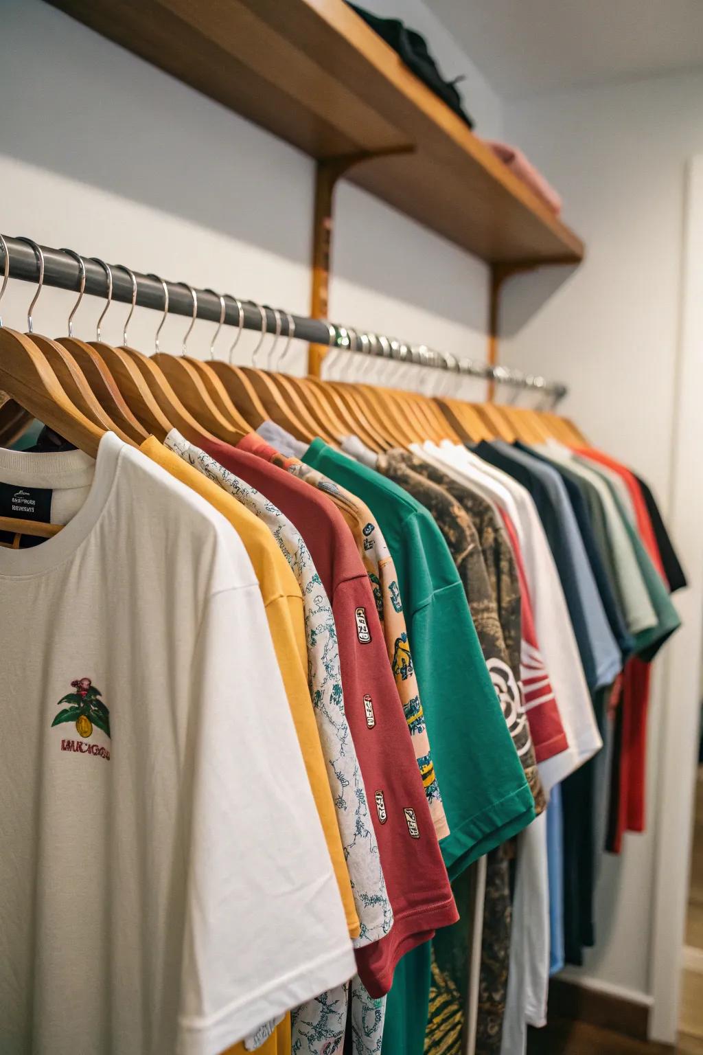 T-shirts hung vertically in a closet for easy access.