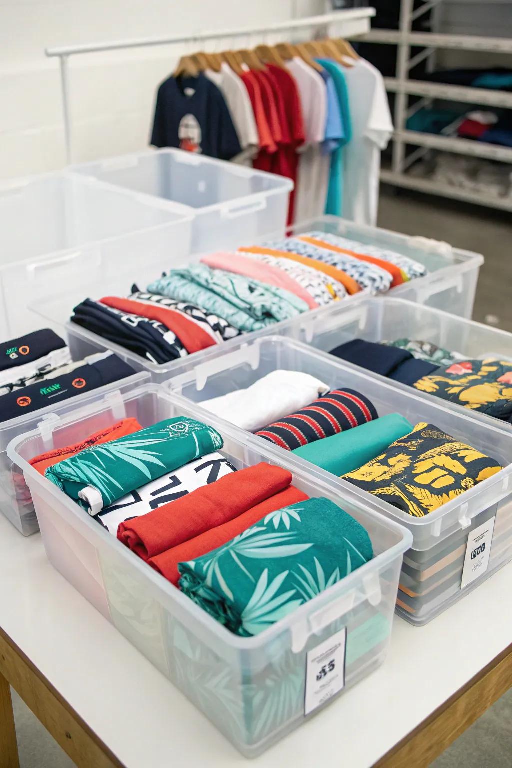 T-shirts organized in transparent storage bins.