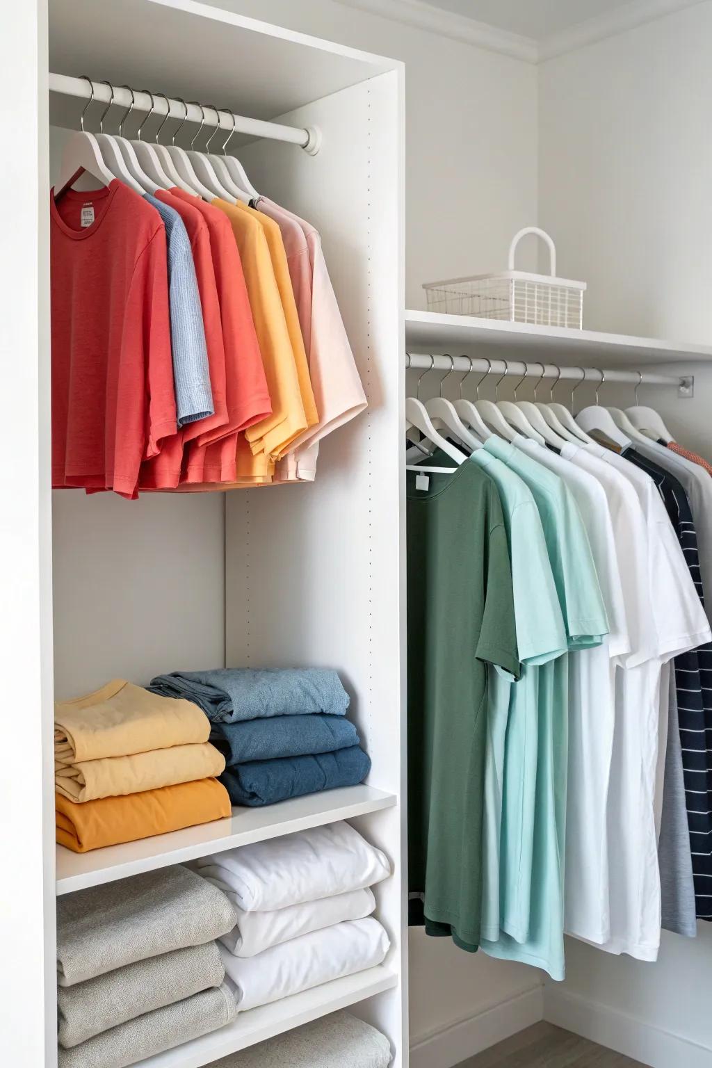 Minimalist closet showcasing a capsule wardrobe of t-shirts.