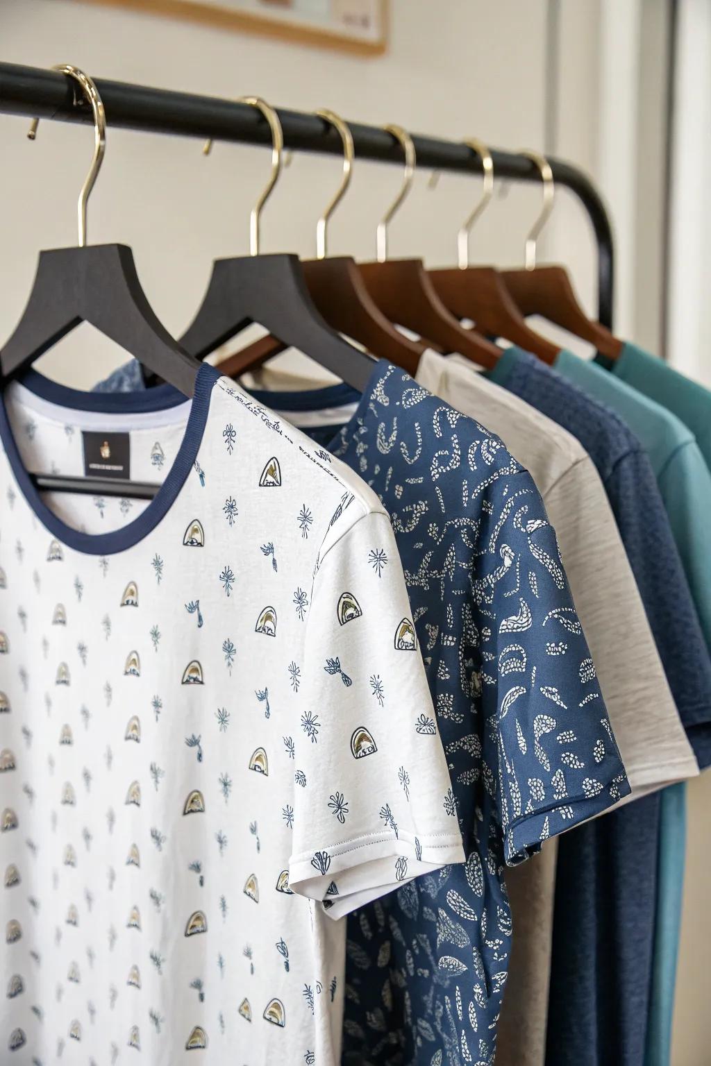 T-shirts arranged on multi-tier hangers to save space.