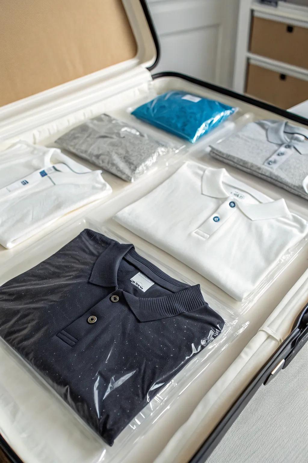 T-shirts compressed in vacuum-sealed bags for compact storage.