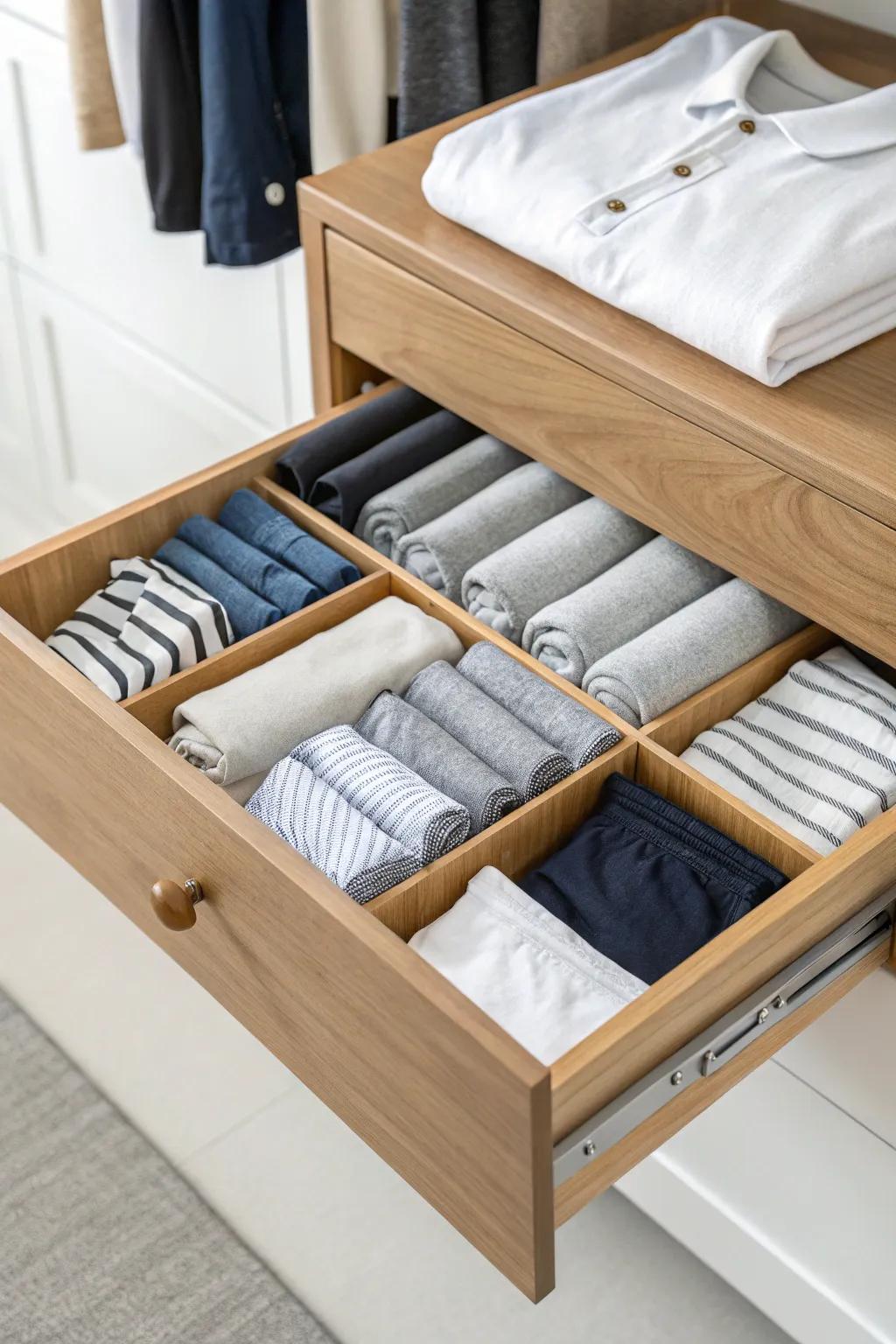 T-shirts separated neatly using adjustable drawer organizers.