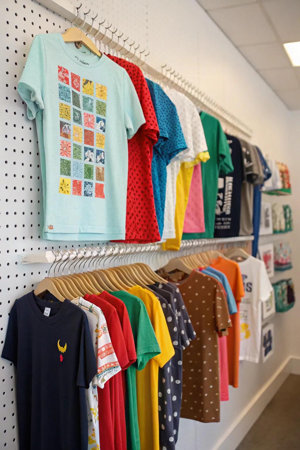 T-shirts arranged on a DIY pegboard organizer.